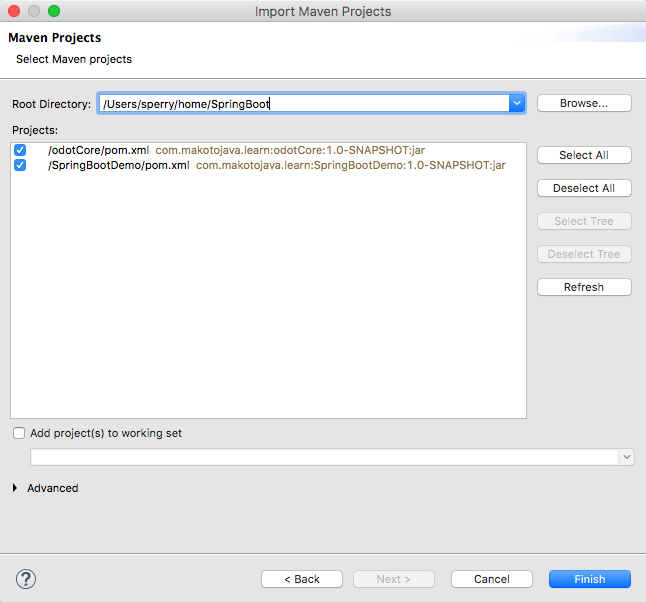Screenshot of the dialog: Import Maven Projects.